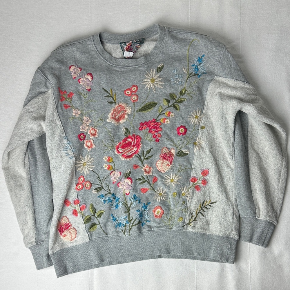 Johnny Was Gray Floral Embroidered Sweater